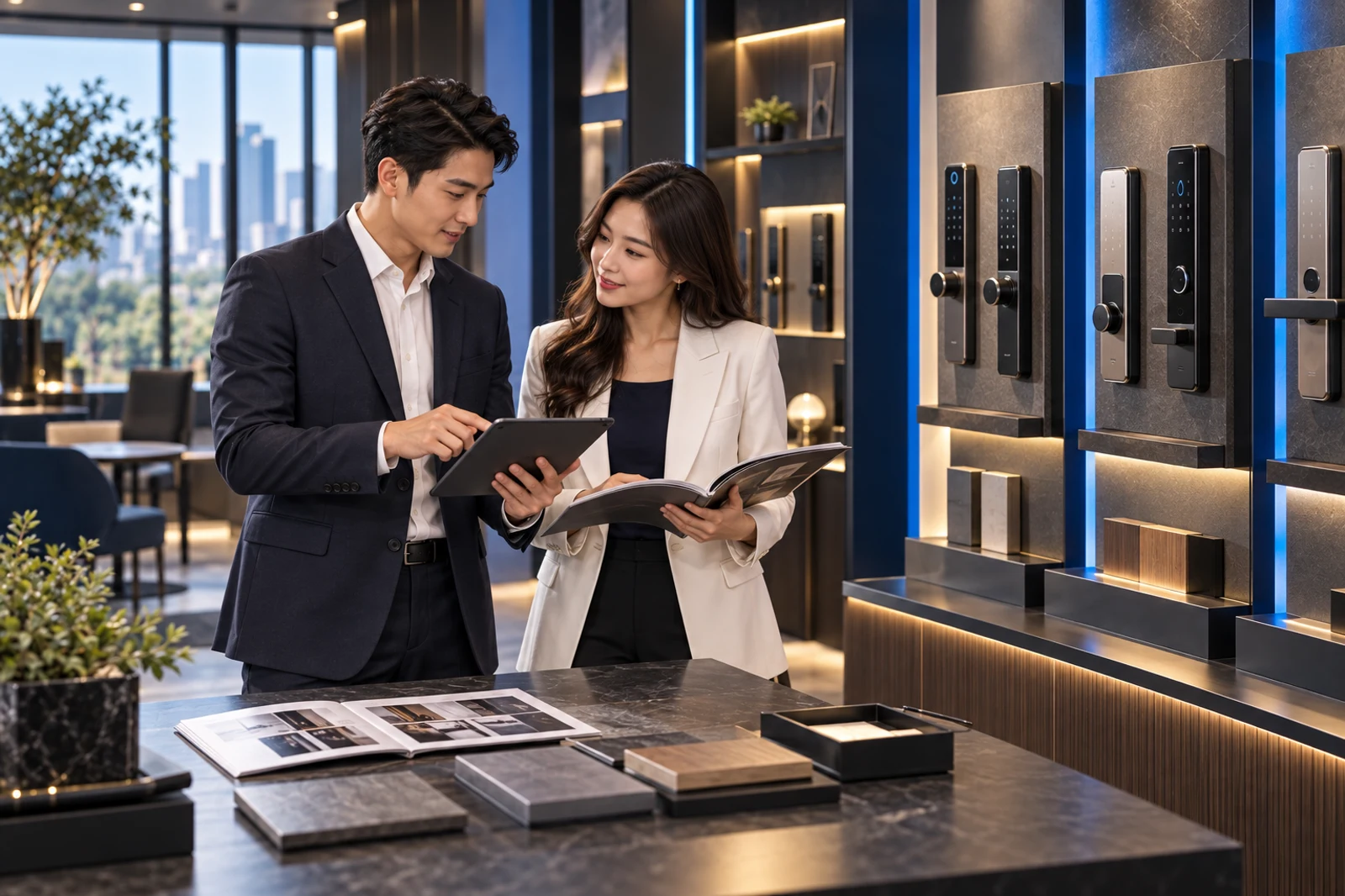 Đối tác kinh doanh trao đổi giải pháp khóa thông minh trong showroom hiện đại