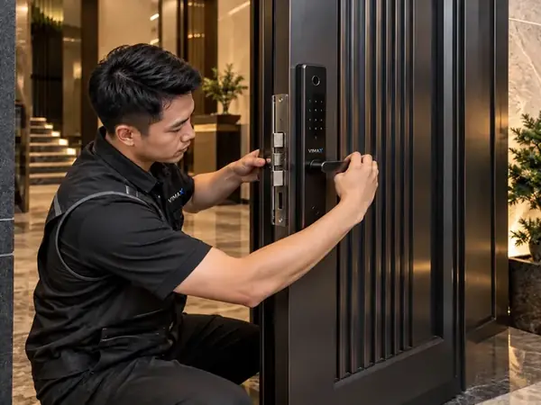 Kỹ thuật viên VIMAX lắp khóa thông minh cho nhà phố và cửa sắt