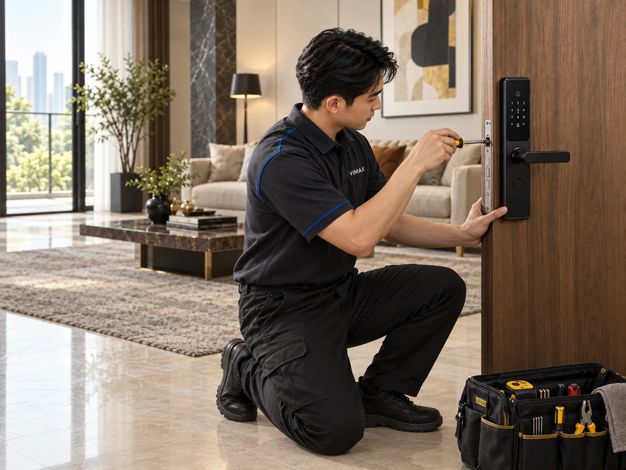Kỹ thuật viên VIMAX căn chỉnh và lắp đặt khóa thông minh