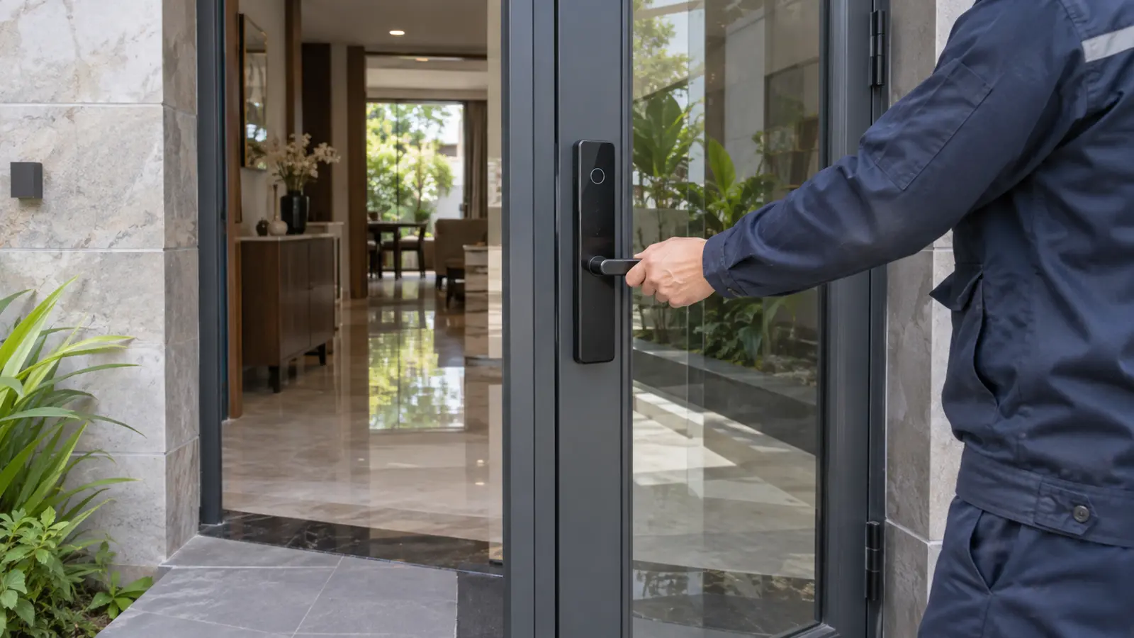 Kỹ thuật viên kiểm tra khóa vân tay cửa nhôm Xingfa tại công trình