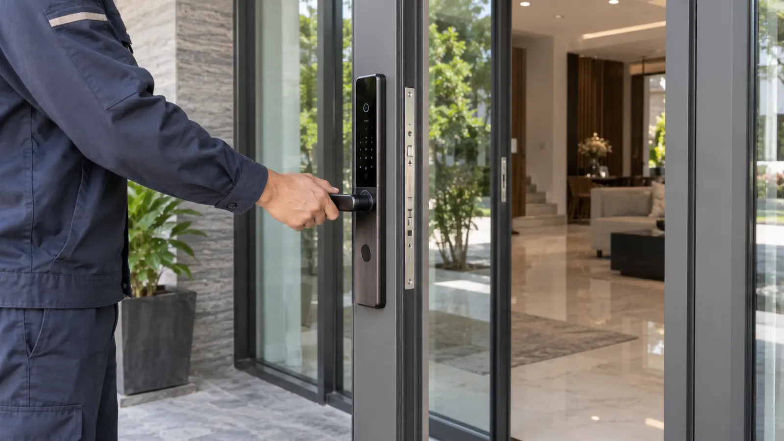 Kỹ thuật viên kiểm tra khóa cửa thông minh cửa nhôm tại công trình