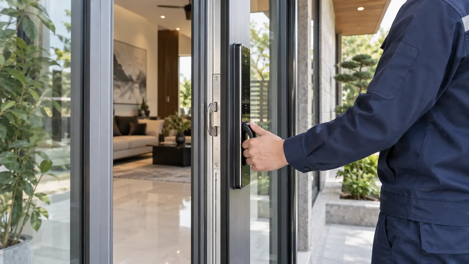 Kỹ thuật viên kiểm tra khóa thông minh cửa nhôm lùa tại công trình