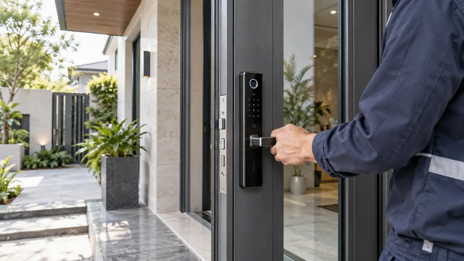 Kỹ thuật viên kiểm tra khóa vân tay cửa nhôm chống nước tại công trình
