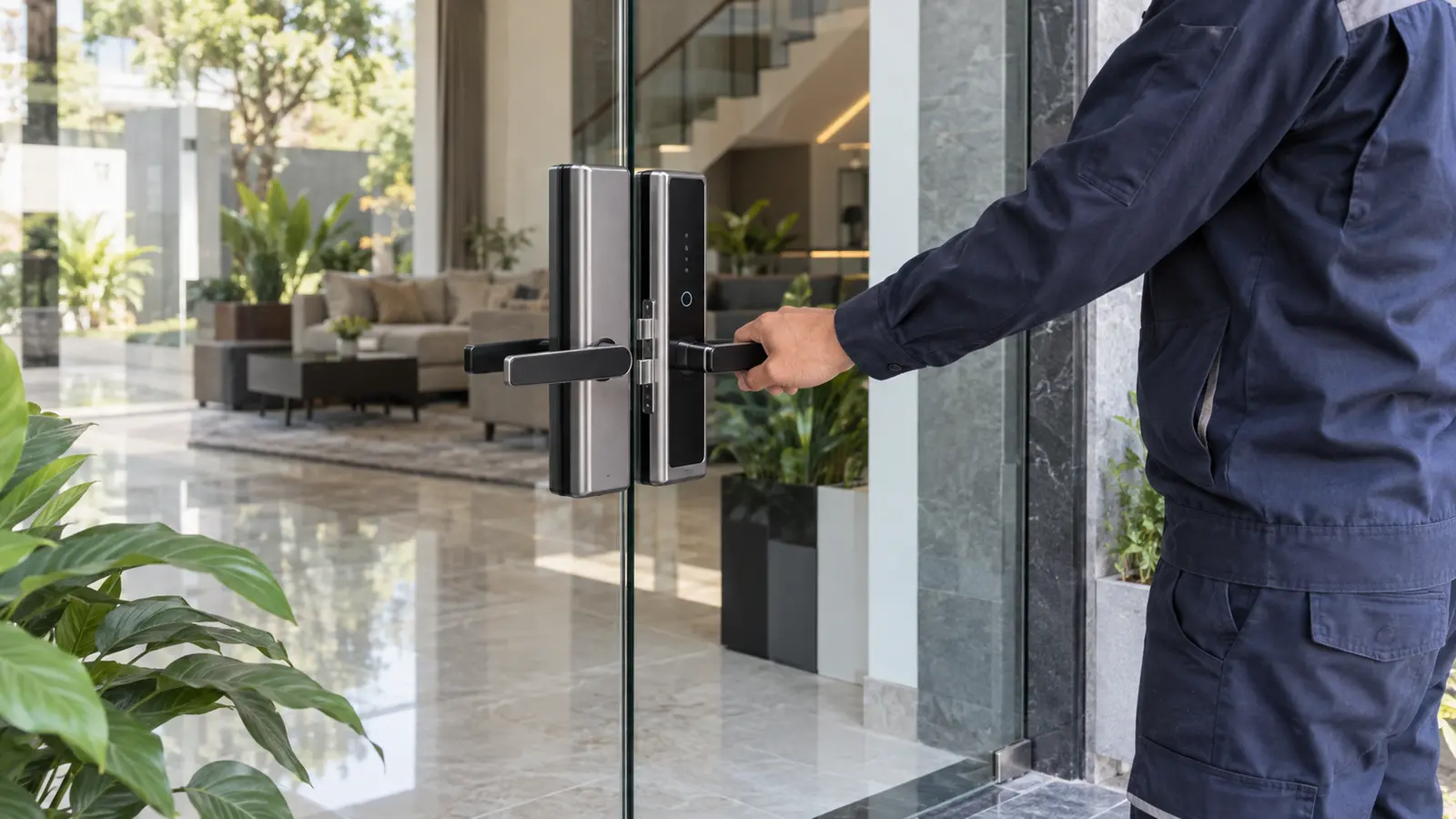 Kỹ thuật viên kiểm tra khóa vân tay cửa kính cường lực tại công trình