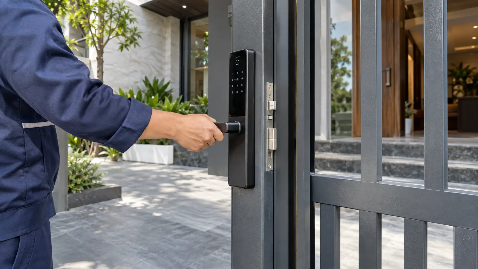 Kỹ thuật viên kiểm tra khóa cửa điện tử cửa sắt tại công trình
