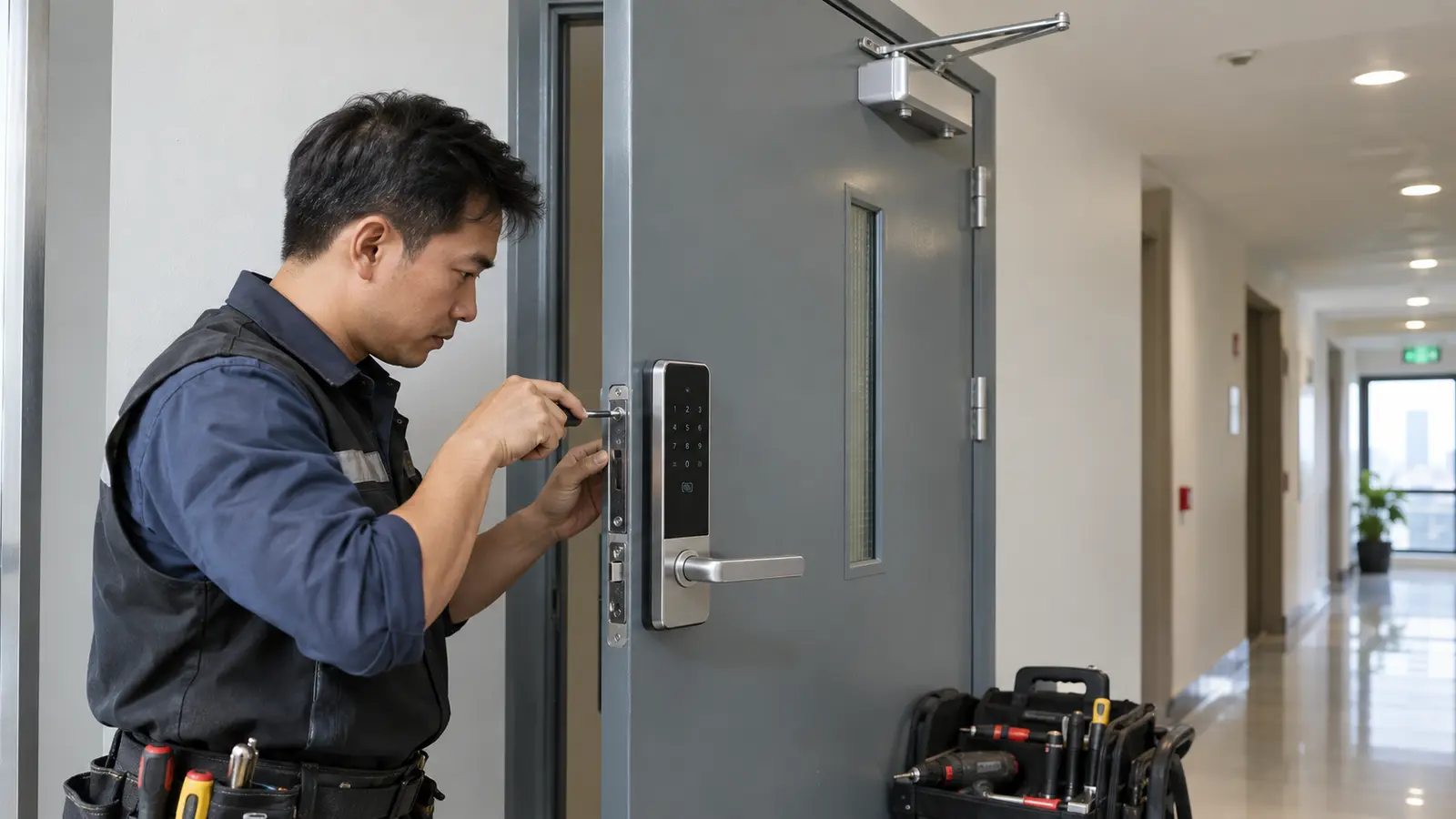 Kỹ thuật viên kiểm tra khóa điện tử cửa thép chống cháy tại công trình