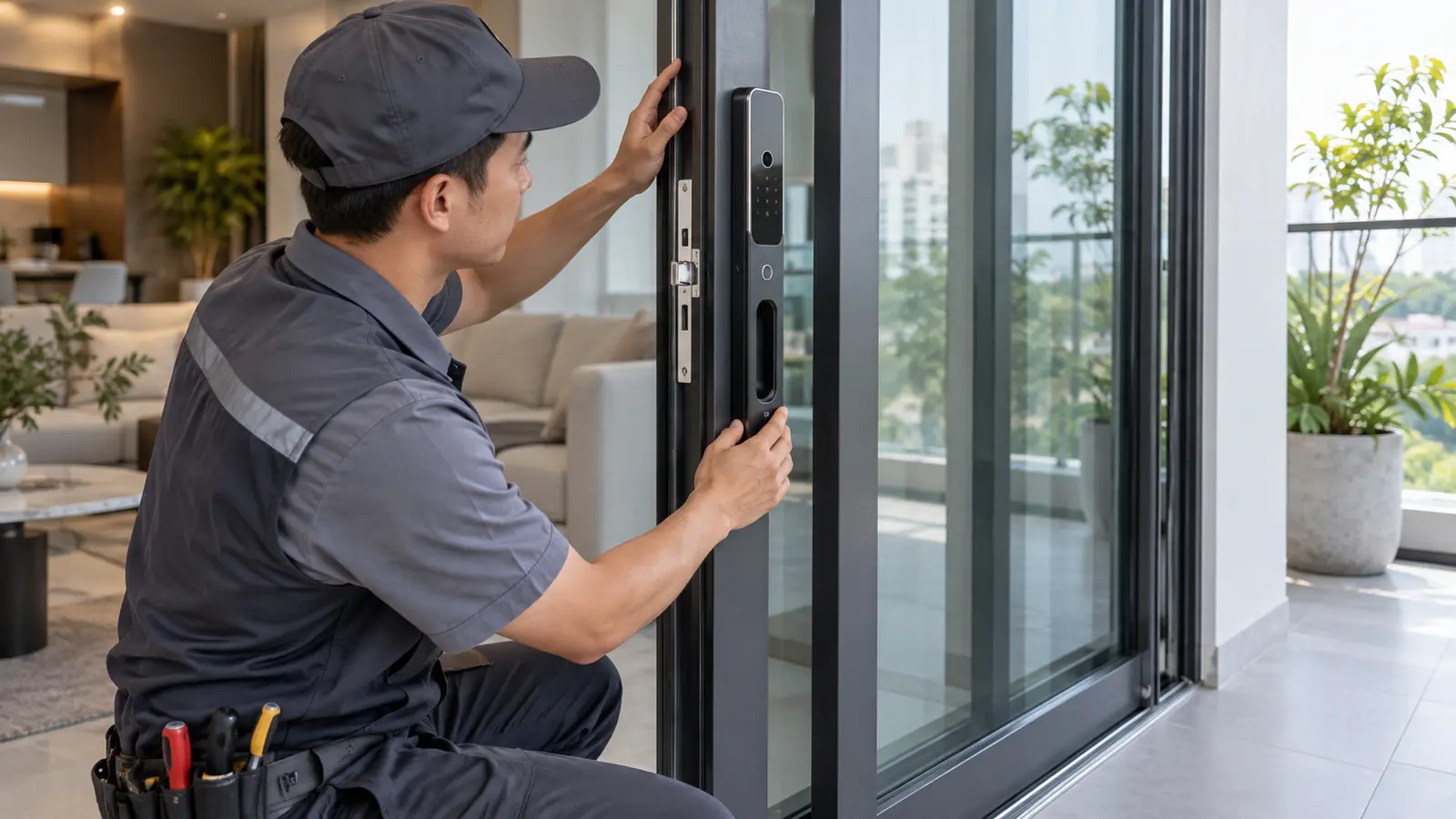 Kỹ thuật viên kiểm tra khóa thông minh cửa lùa tại công trình