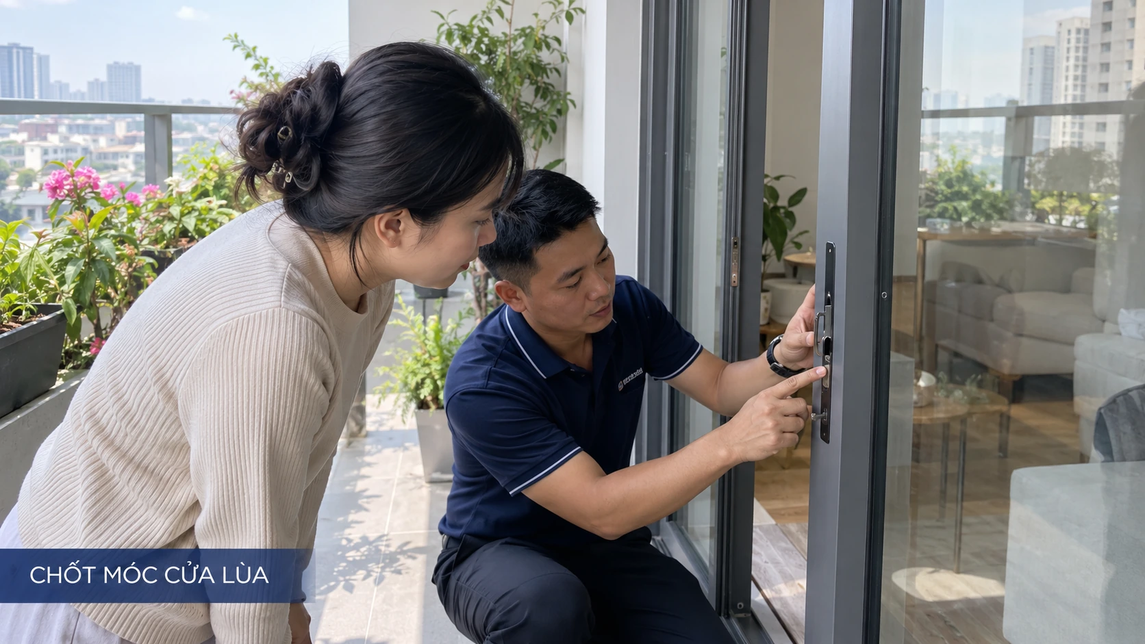 Kiểm tra chốt móc của khóa thông minh trên cửa lùa