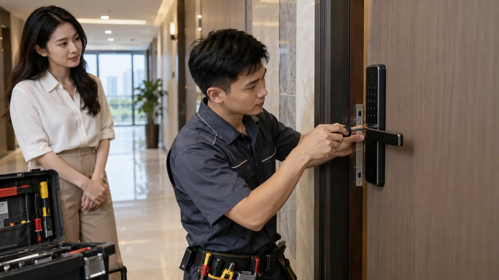 Kỹ thuật viên kiểm tra khóa cửa thông minh chung cư tại công trình
