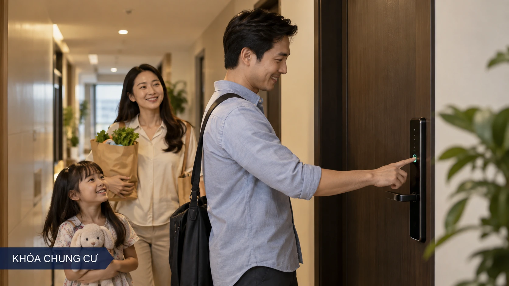 Gia đình sử dụng khóa thông minh tại cửa căn hộ