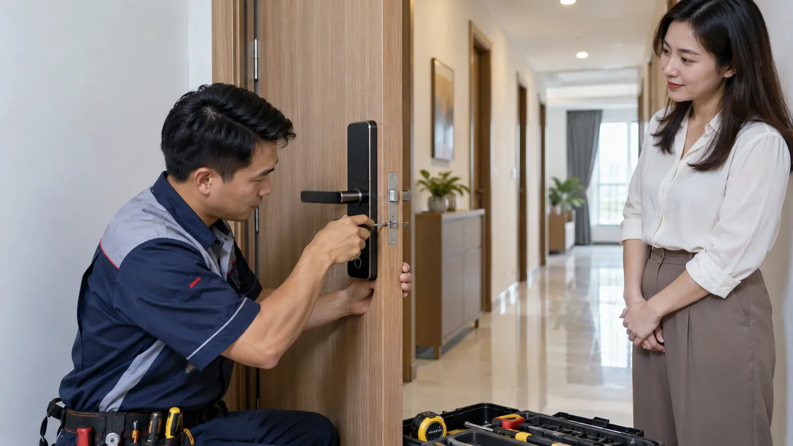 Kỹ thuật viên kiểm tra khóa thông minh cho nhà trọ tại công trình