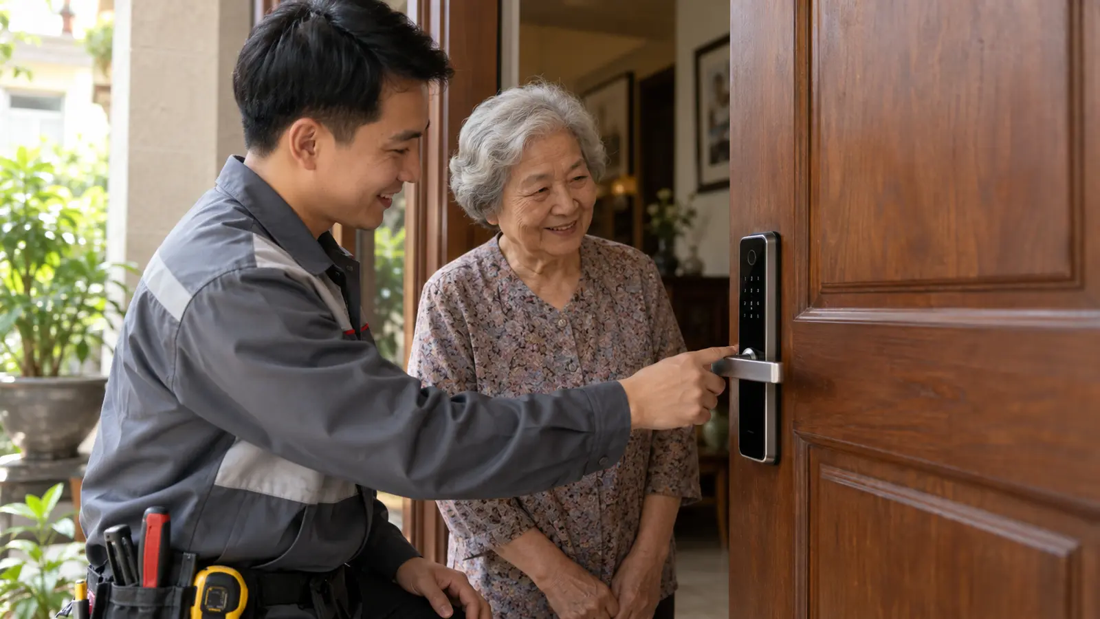 Kỹ thuật viên kiểm tra khóa thông minh cho người cao tuổi tại công trình