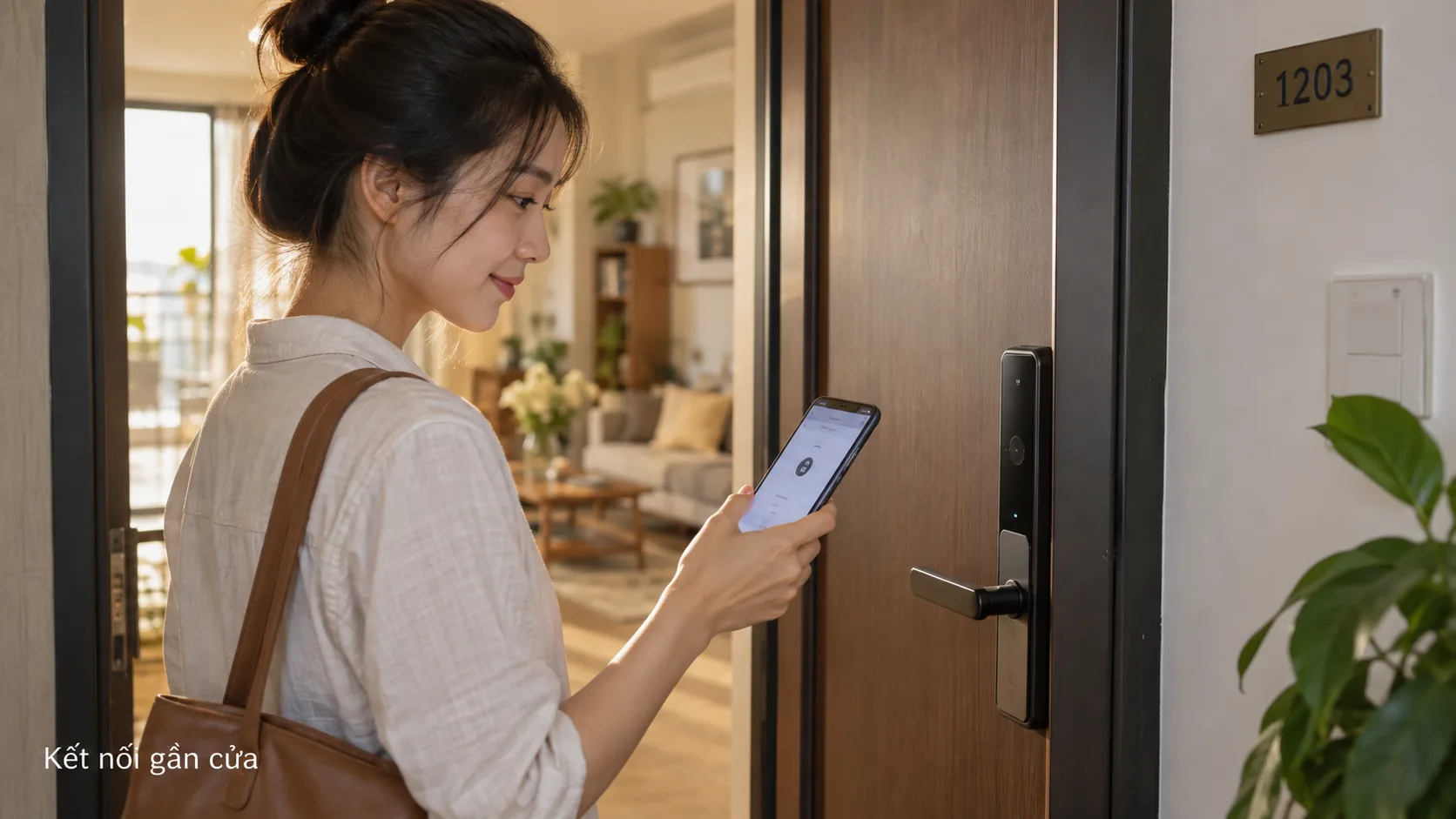 Chủ nhà dùng điện thoại ở gần cửa để mở khóa
