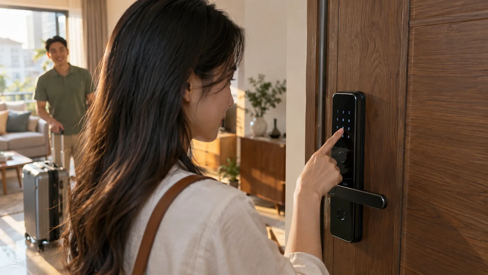 Khách nhập mã tạm trên bàn phím khóa