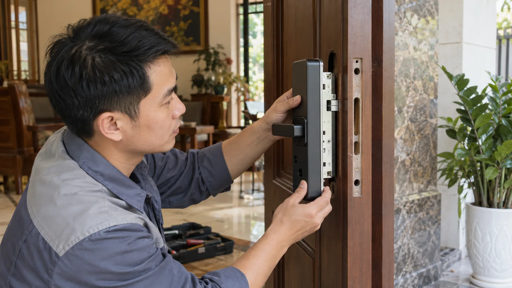 Kỹ thuật viên đối chiếu thân khóa với cửa thật