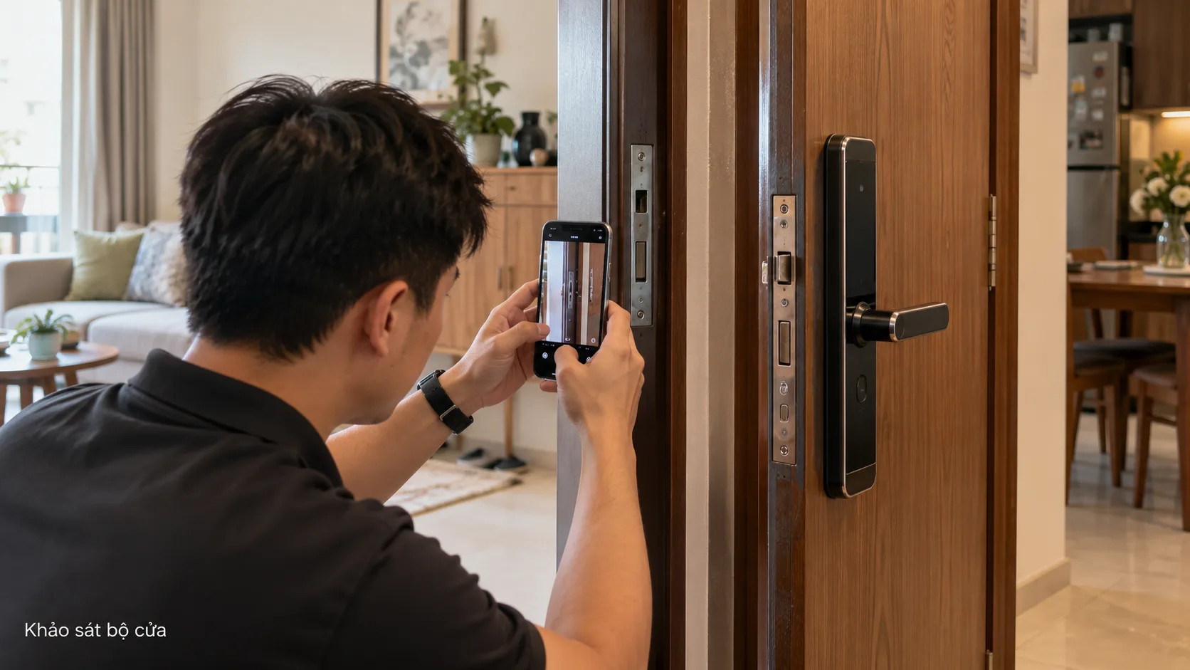 Chủ nhà chụp ảnh và đo cửa trước khi chọn khóa