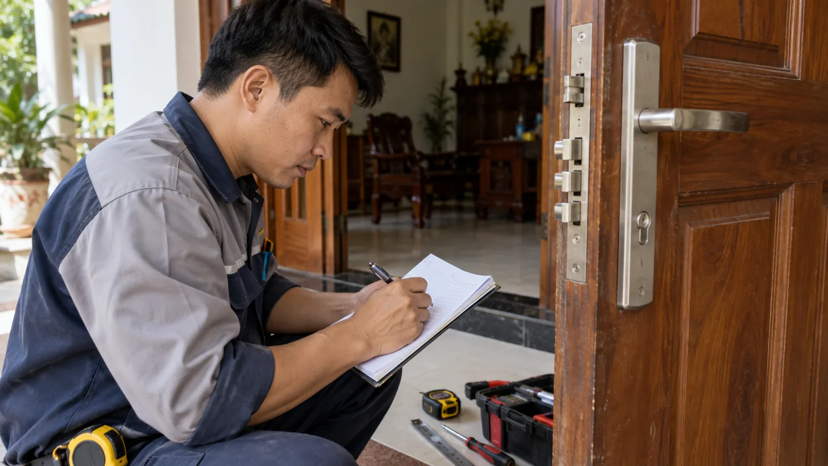 Kỹ thuật viên đánh dấu số đo trước khi lắp