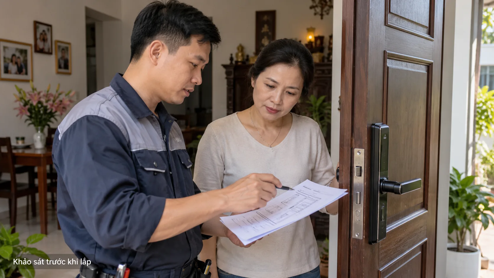 Chủ nhà trao đổi phương án lắp với kỹ thuật viên