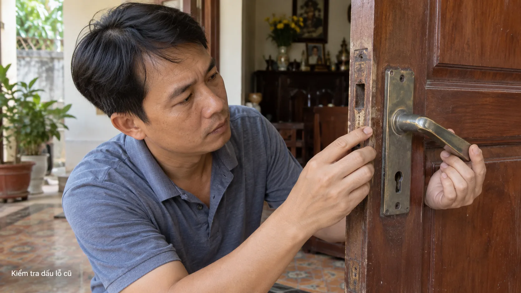 Gia đình xem bộ khóa cơ cũ trước khi thay