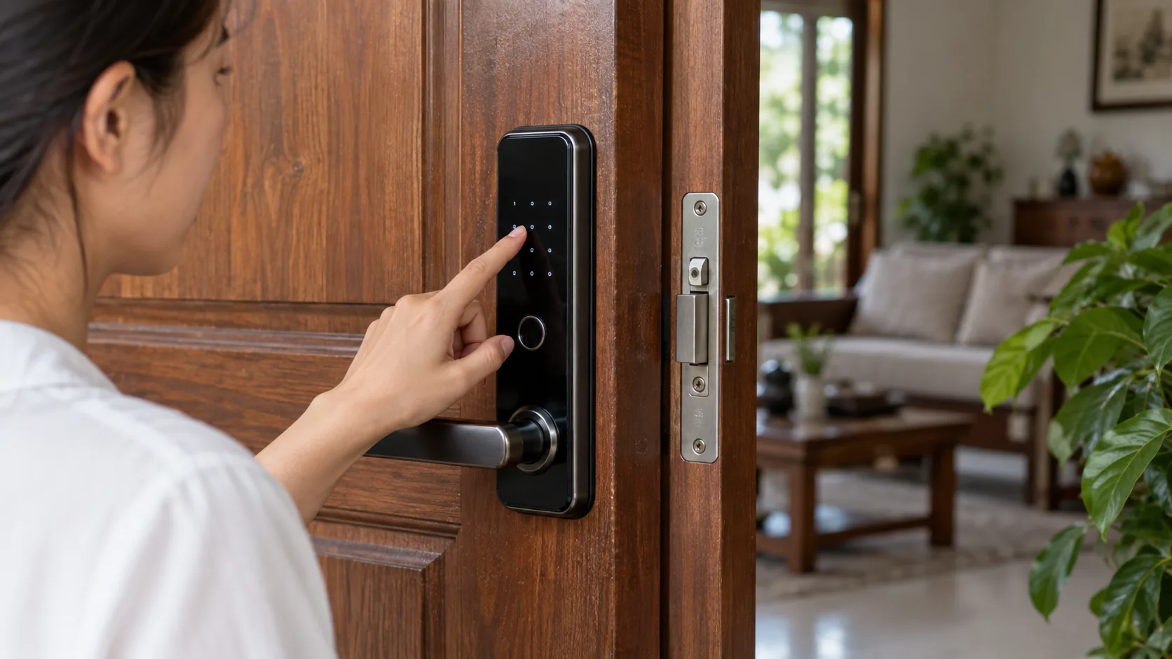Cận cảnh bàn phím và chốt cơ khí trên cửa