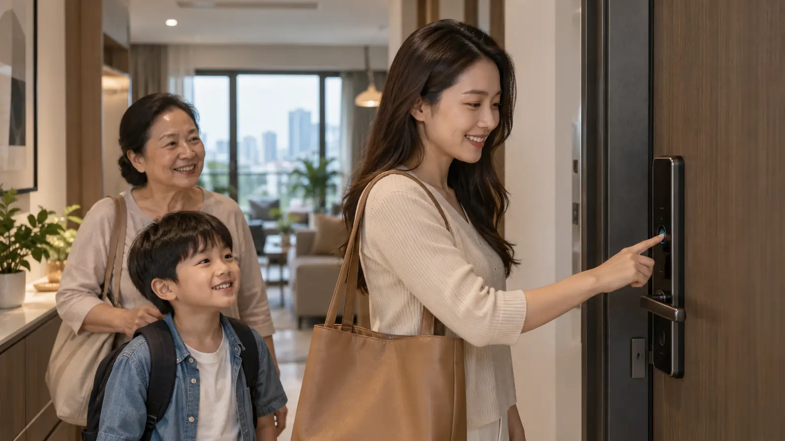 Gia đình sử dụng khóa vân tay tại cửa căn hộ