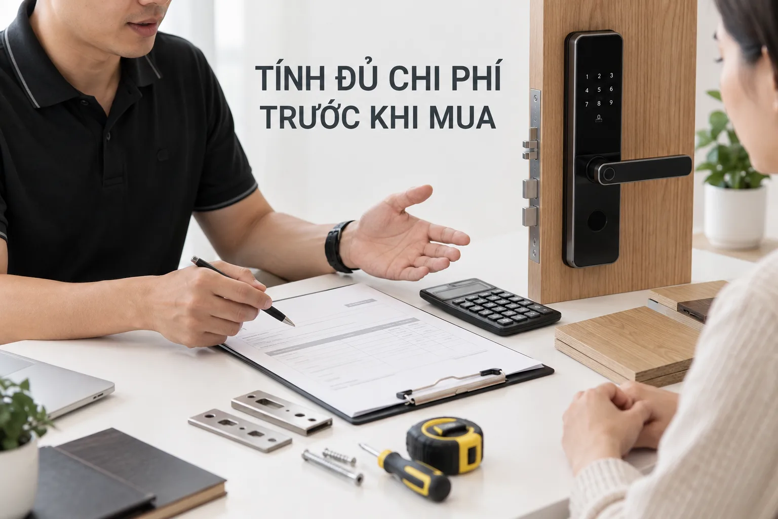 Người tư vấn xem báo giá và máy tính trên bàn sáng màu