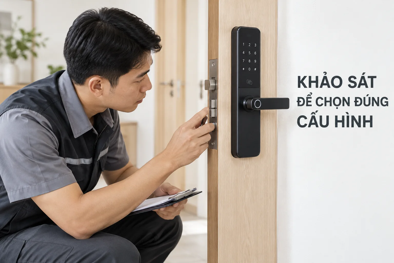 Kỹ thuật viên kiểm tra cạnh cửa và cấu hình lắp khóa