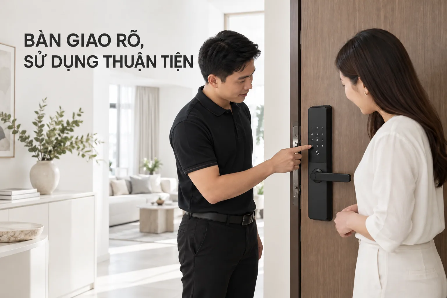 Kỹ thuật viên hướng dẫn khách hàng sử dụng khóa tại cửa nhà sáng màu