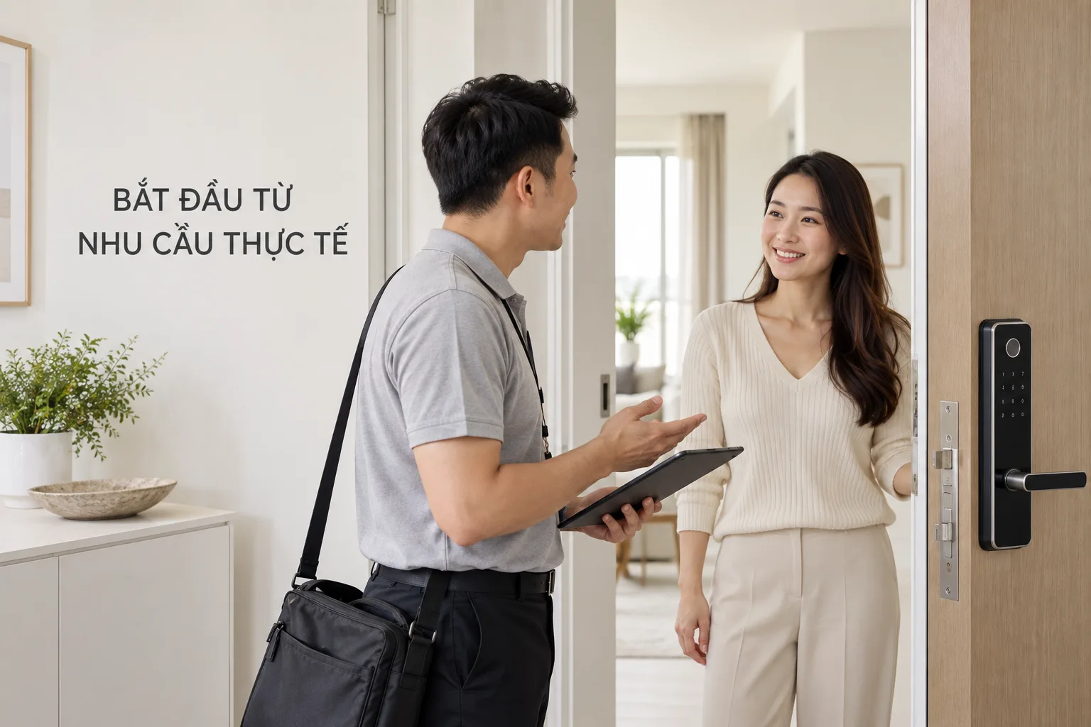 Khách và người trong nhà trao đổi tại cửa trong hành lang trắng sáng