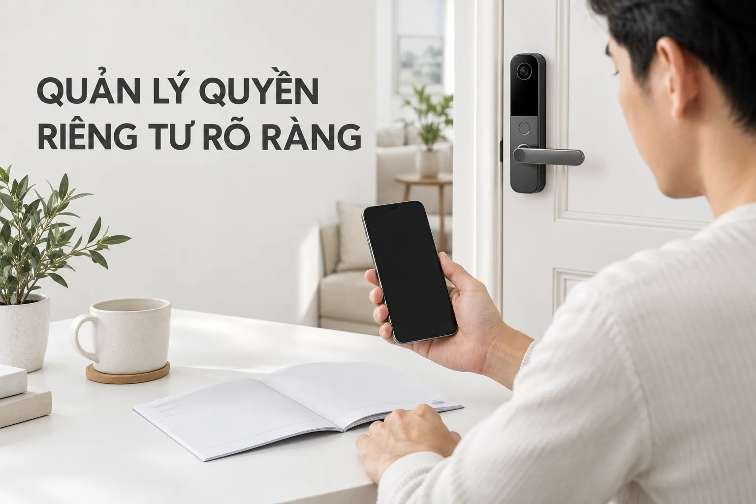 Người dùng xem hướng dẫn và cầm điện thoại trong không gian bàn trắng