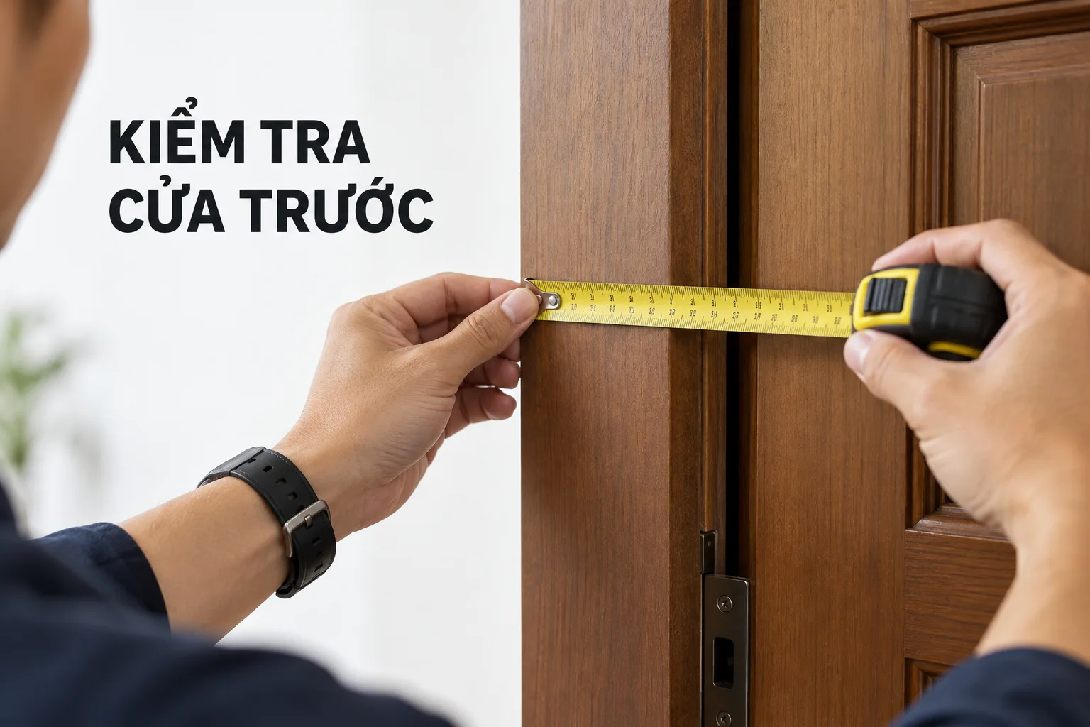 Bàn tay dùng thước khảo sát phần đố cửa gỗ