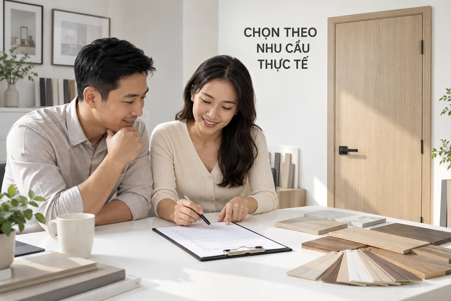 Hai người trao đổi nhu cầu sử dụng và checklist trên bàn trắng