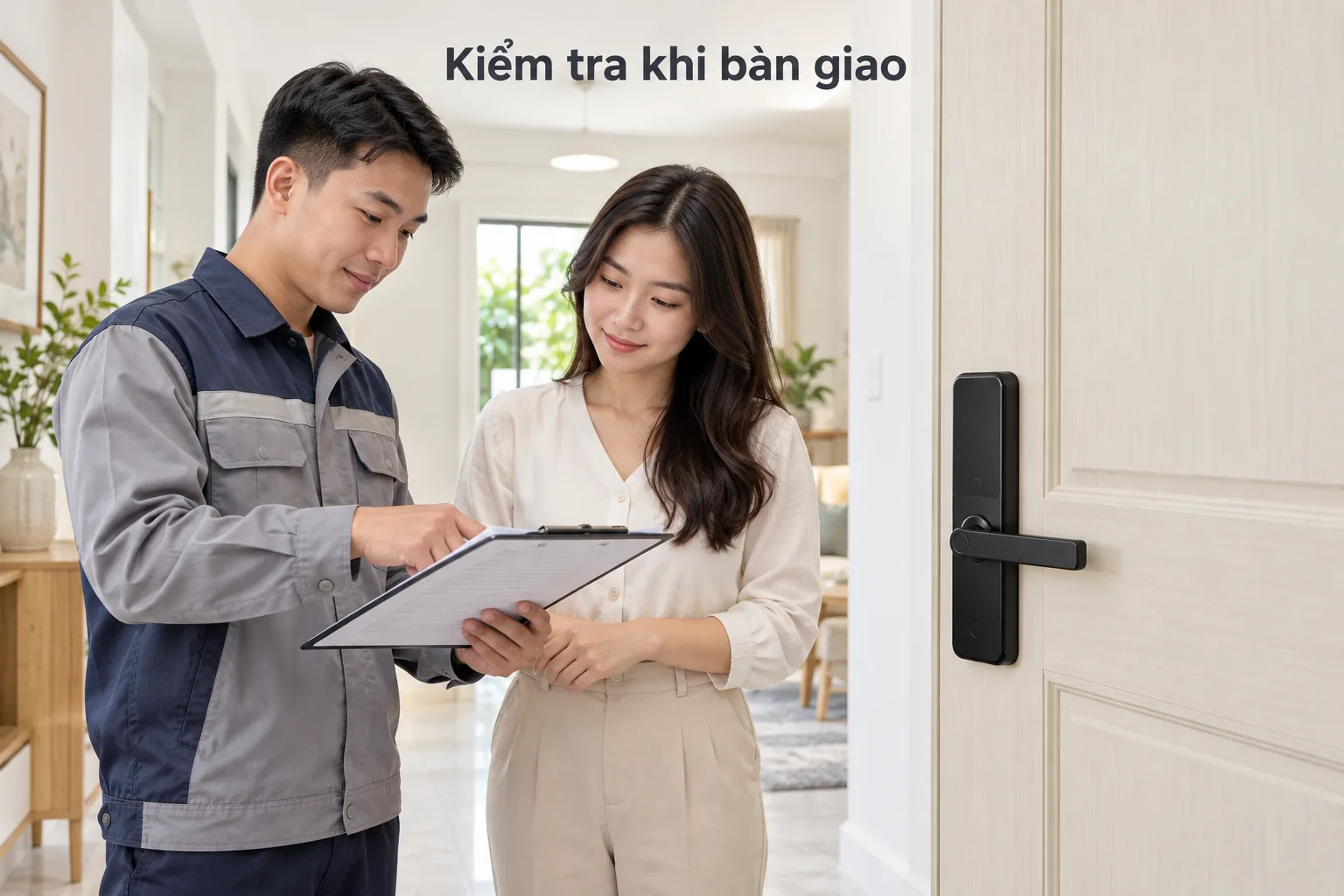 Chủ nhà và kỹ thuật viên đối chiếu checklist bàn giao cạnh cửa lắp khóa điện tử