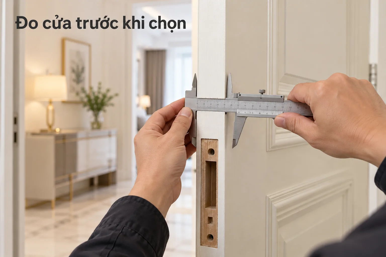 Kỹ thuật viên kiểm tra độ dày cạnh cửa trước khi đề xuất khóa điện tử