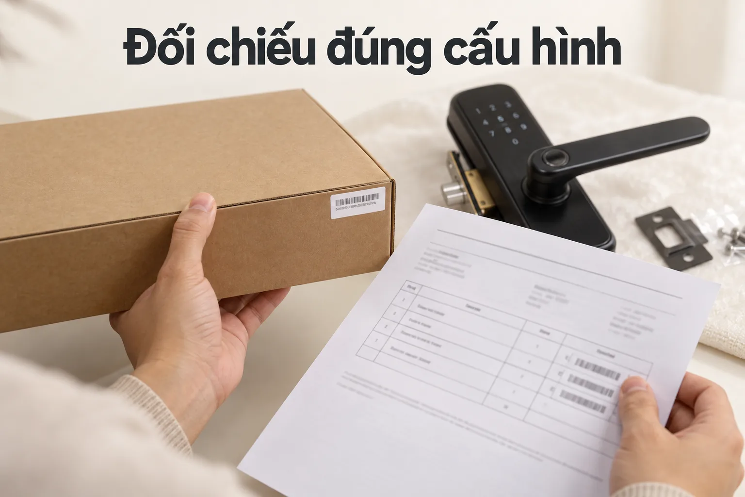 Người mua đối chiếu nhãn cấu hình trên hộp khóa với phiếu giao hàng