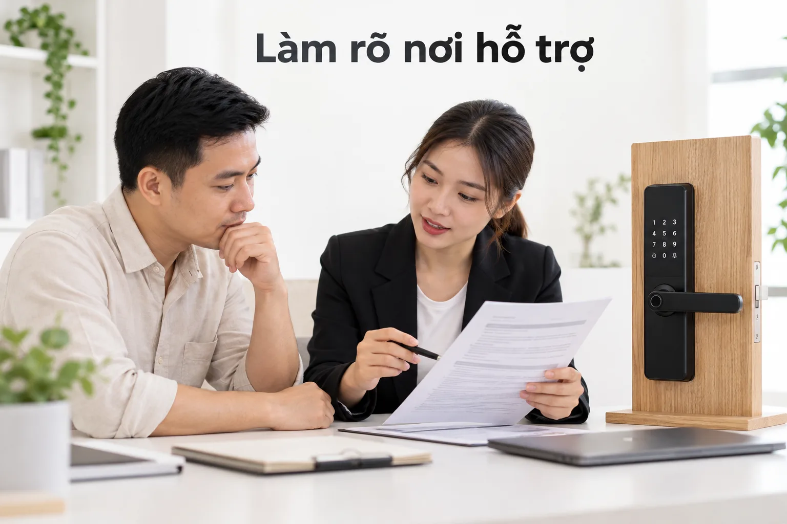Người mua trao đổi với tư vấn viên về giấy tờ và đầu mối hỗ trợ khóa