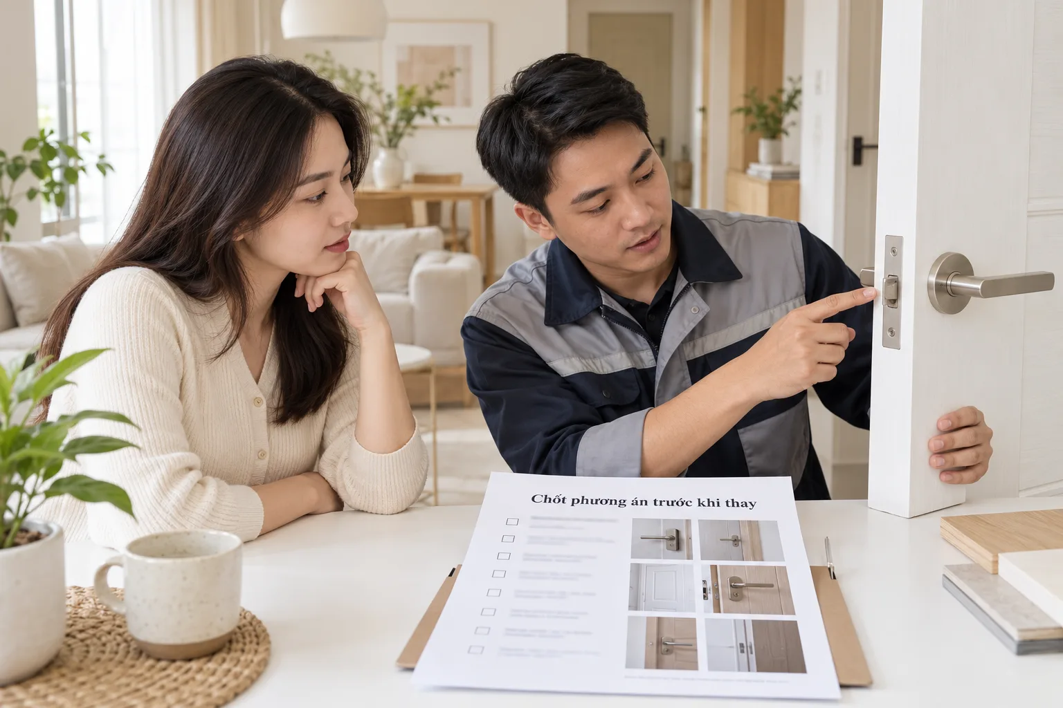 Chủ nhà và kỹ thuật viên thống nhất phương án nâng cấp trên mẫu cửa dùng khóa cơ