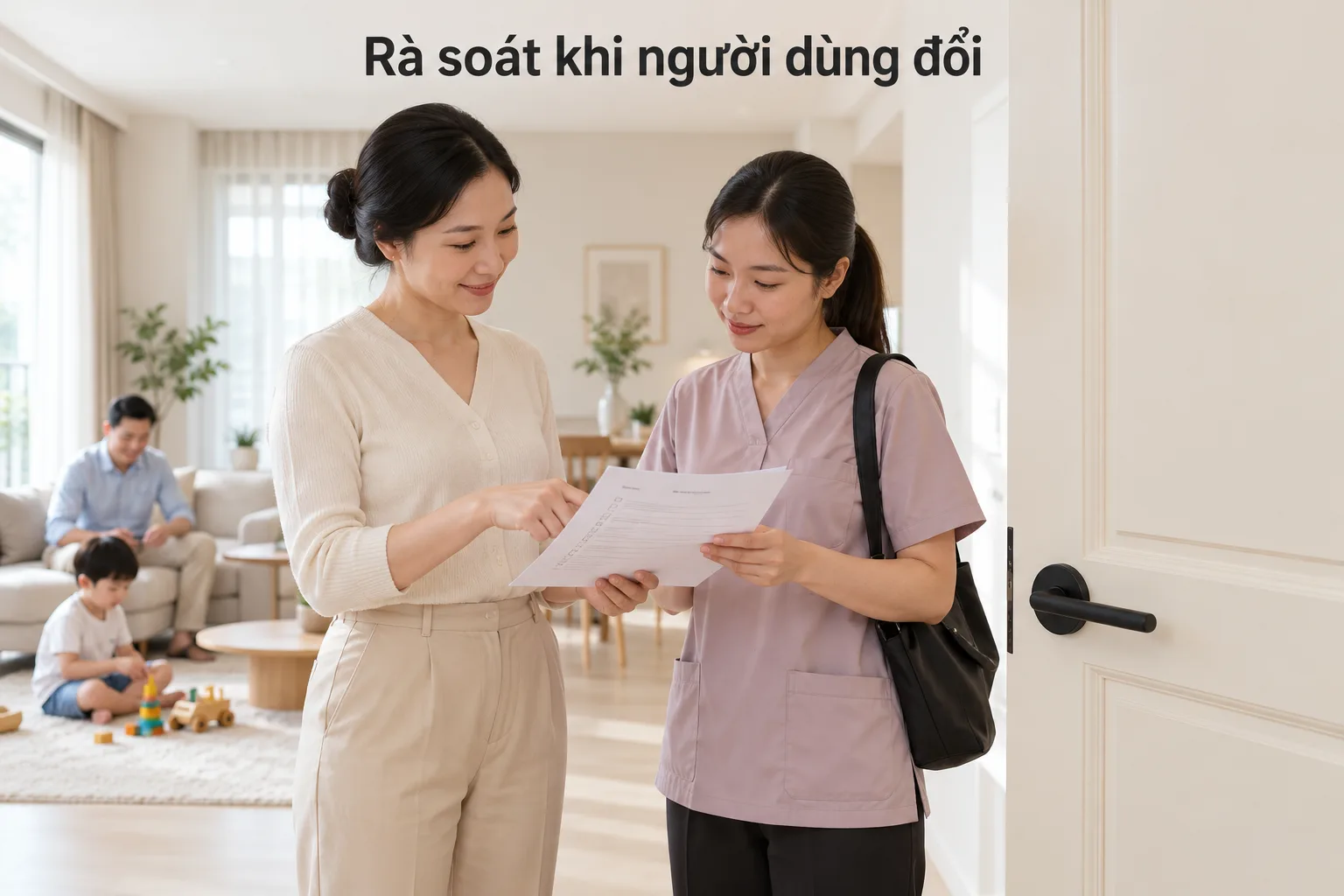 Cha mẹ trao đổi checklist bàn giao với người chăm sóc khi vai trò thay đổi