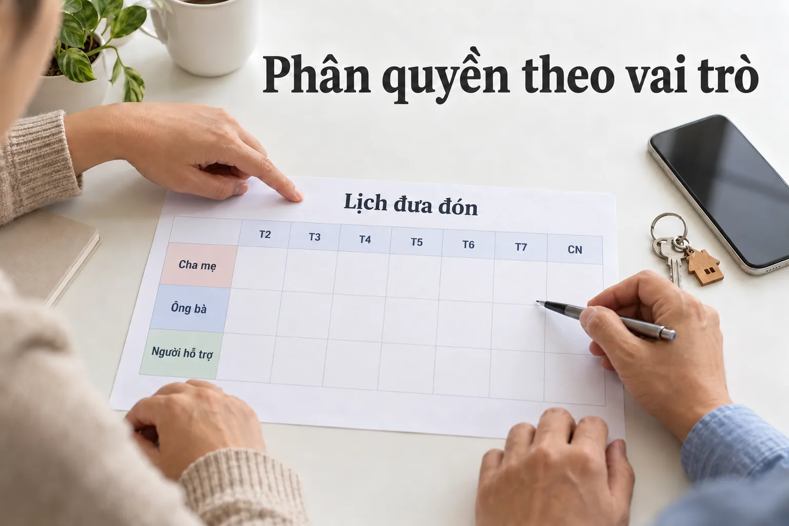 Người lớn đối chiếu lịch chăm sóc để phân quyền mở cửa theo vai trò