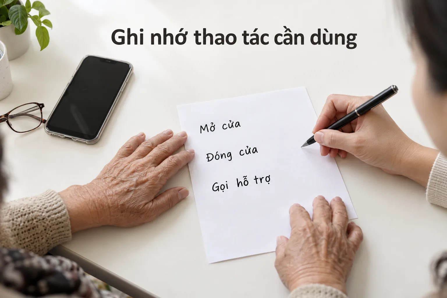 Người thân chuẩn bị tờ hướng dẫn chữ rõ với các mục mở cửa, đóng cửa và gọi hỗ trợ