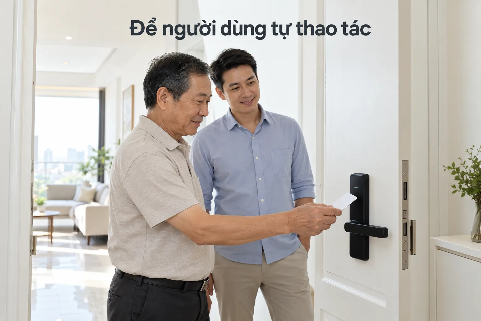 Người lớn tuổi tự thử thao tác mở khóa trong khi người thân quan sát