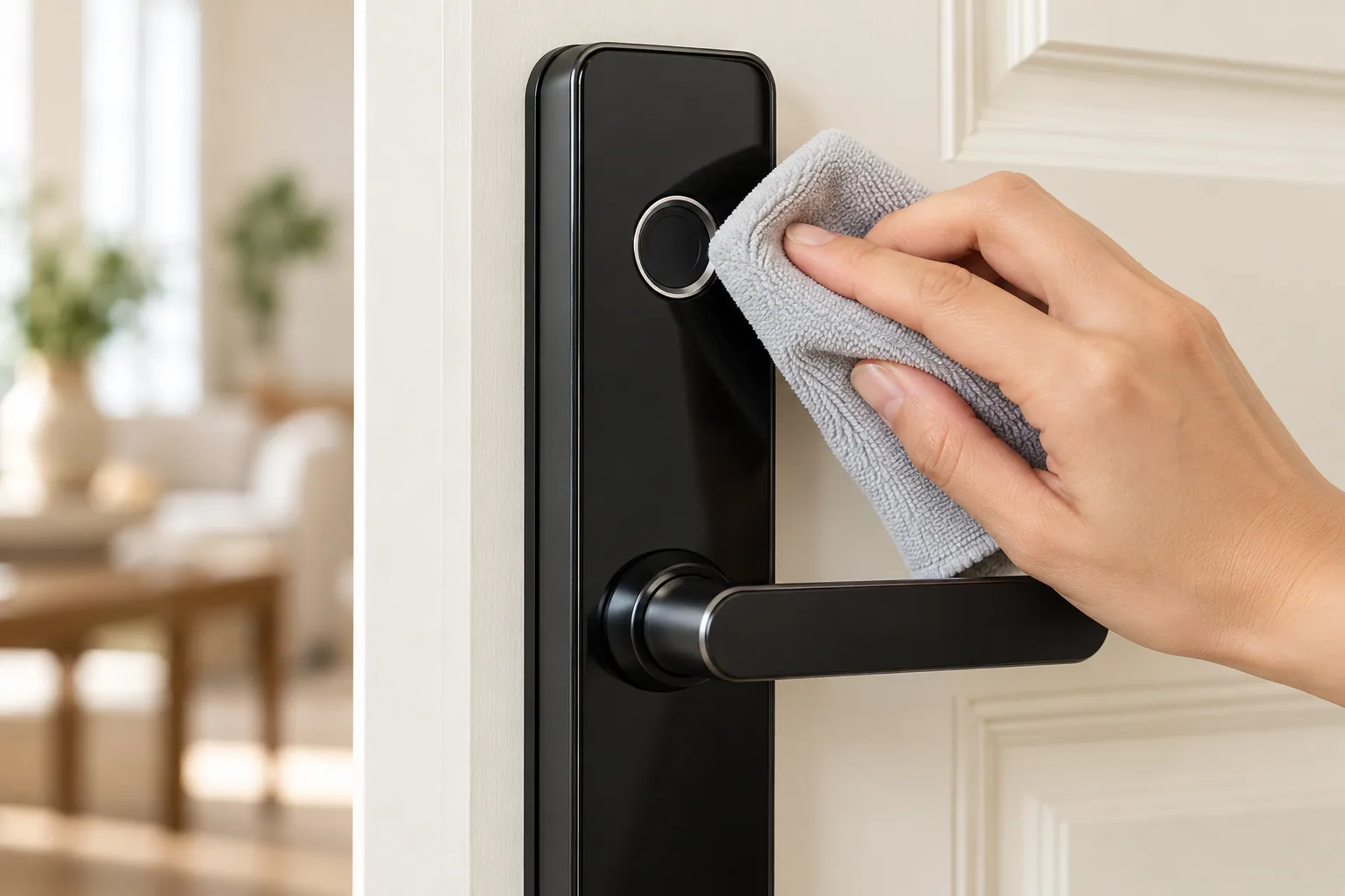Thẻ từ và chìa cơ đặt cạnh khóa thông minh để minh họa phương án mở dự phòng