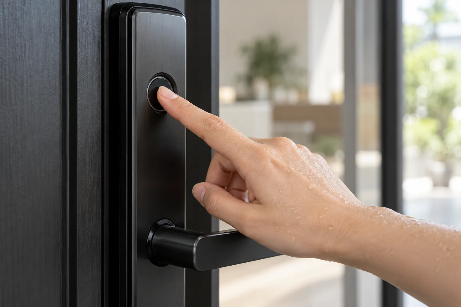 Ngón tay còn ướt chạm nhẹ vào vùng cảm biến vân tay tròn trên khóa cửa thông minh