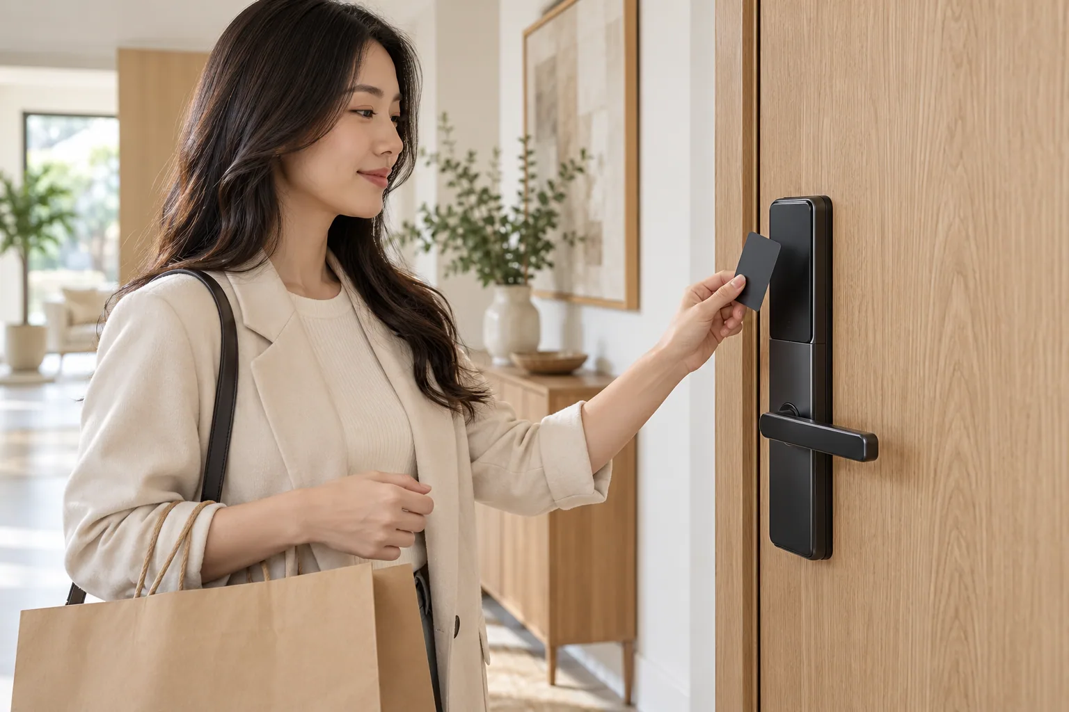 Người dùng cầm thẻ trước khóa điện tử lắp trên cửa gỗ