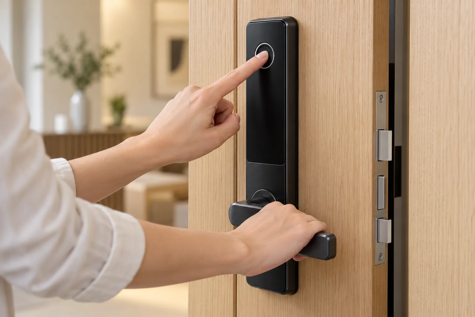 Người dùng chạm cảm biến rồi gạt tay nắm khóa điện tử